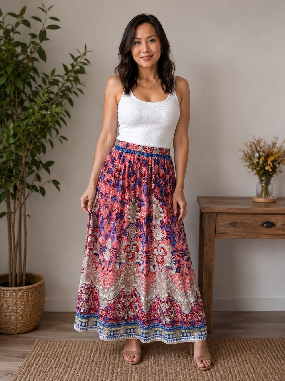 Floral Border Maxi Skirt in Coral and Blue